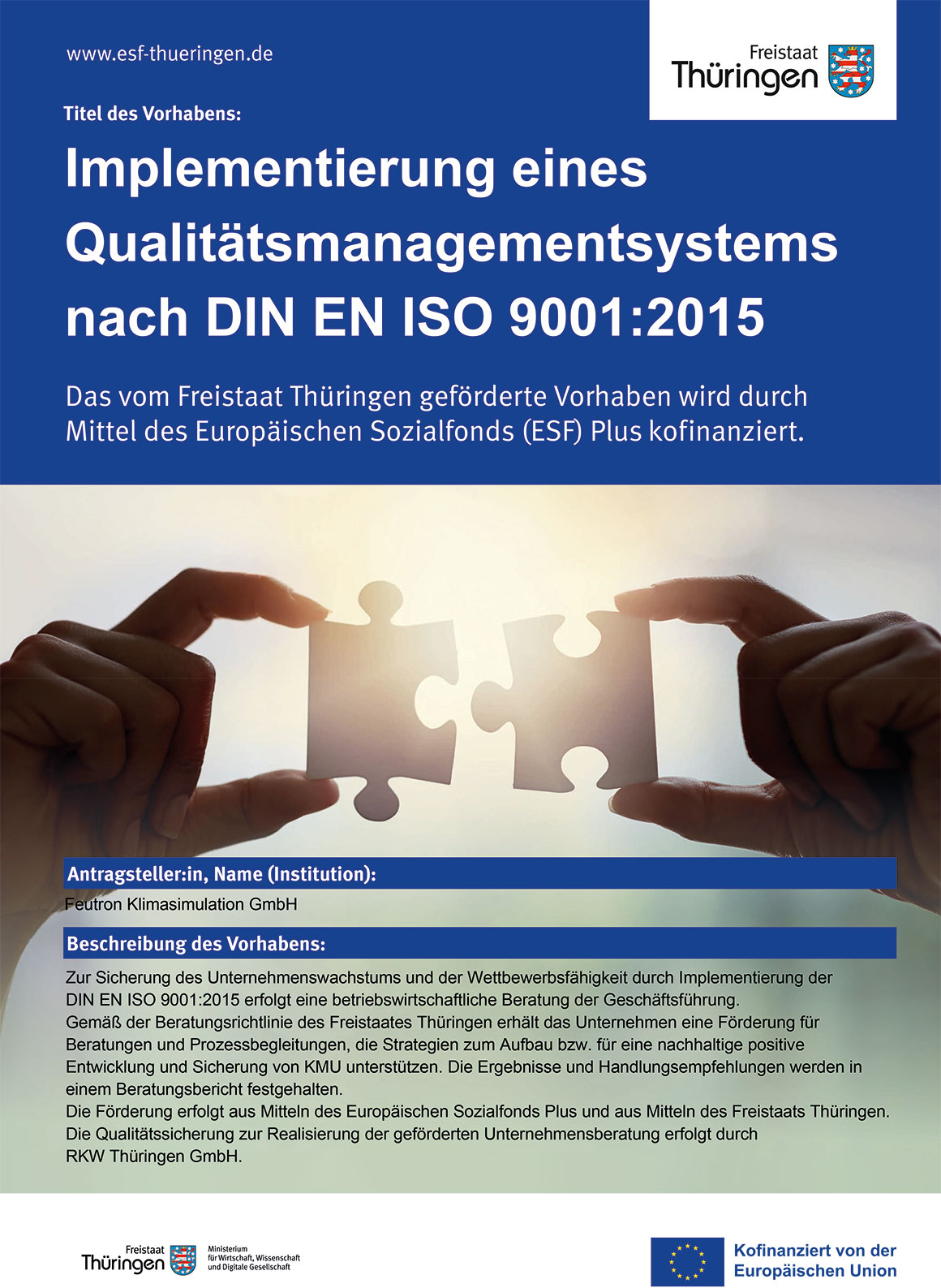 Thueringen ESF Plakat Beratungsprojekt Implementierung eines Qualitätsmanagementsystems nach DIN EN ISO 9001:2015
